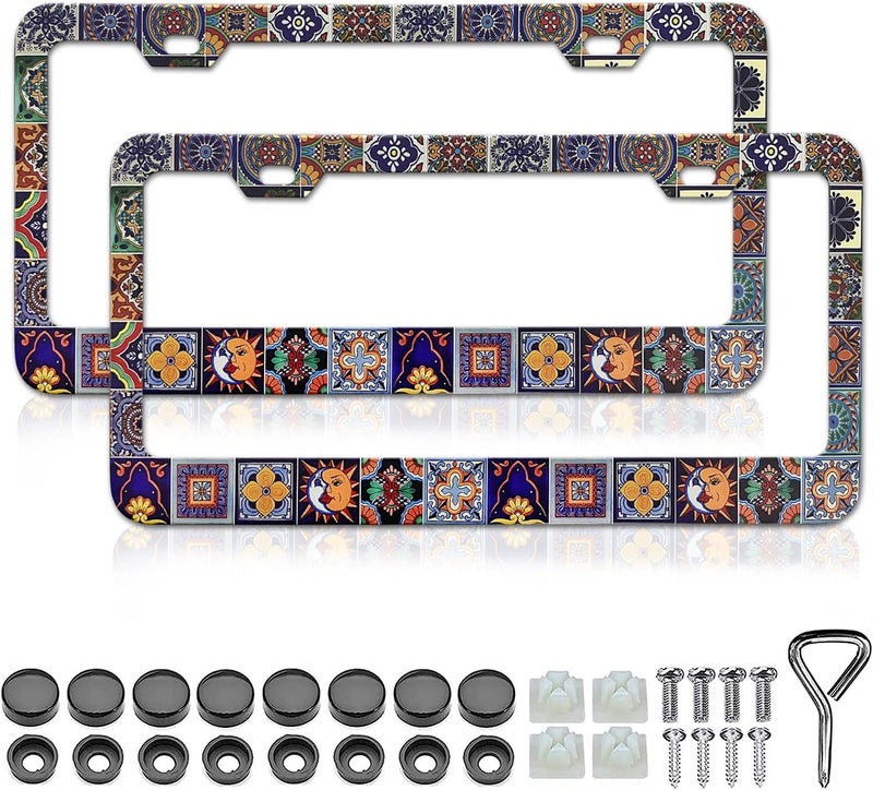 LIN KANG Mexican Tiles License Plate Frames - 2 Pack Mandala Boho License Plate Frame for Women Men, Universal Accessories License Plate Cute Aluminum Car Tag Frames for Women Men US Vehicles - Image 1